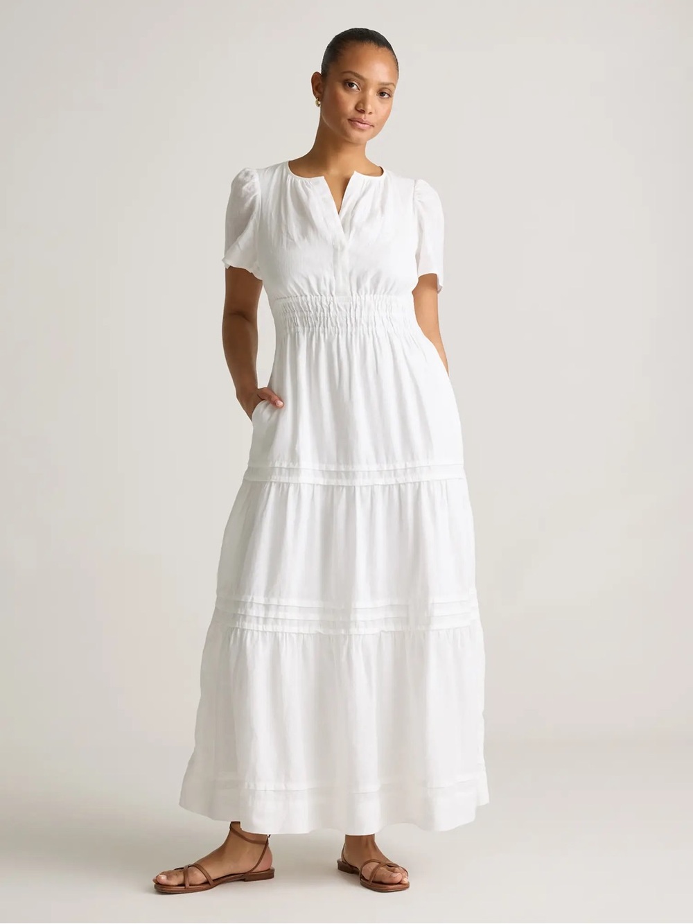 Quince 100% European Linen Tiered Maxi Dress White XS Puff Sleeve